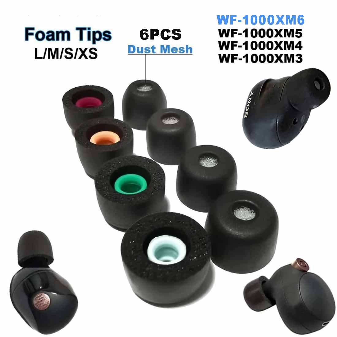 Earphone Foam Tip - 6 قطع من وسادات الأذن المصنوعة